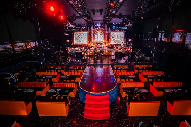 Wide view of the main stage, central runway and red sofas at Millennium Club KL, Bukit Bintang